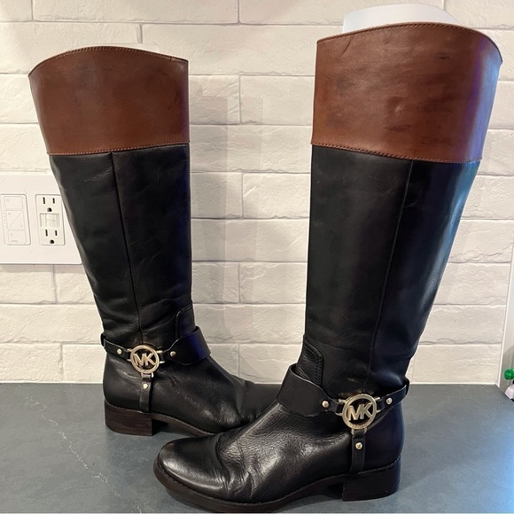 Michael Kors sz 6.5 Harlan harness leather 2 tone riding boots - Picture 1 of 14
